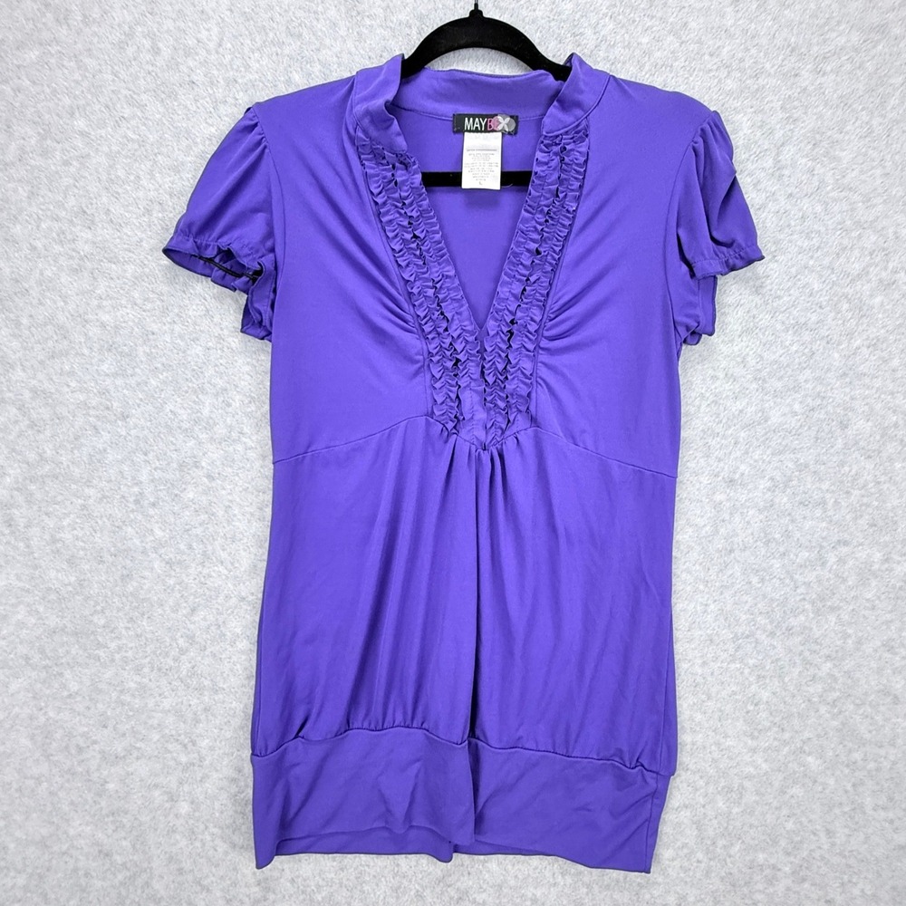Maybe Top Women L Purple Ruffle V-Neck Short Sleeve Blouse Y2K Retro Coquette